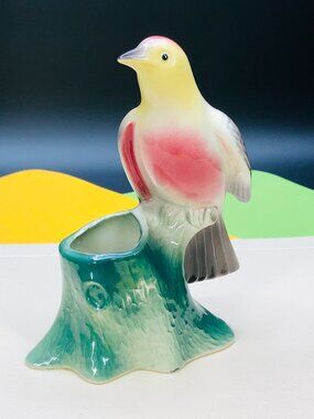 Vintage ROYAL COPLEY USA Bird Tree Stump Ceramic Flower Vase Planter MCM Kitsch